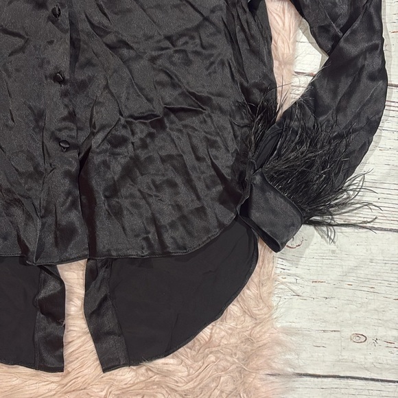 Karen Millen Satin Crepe Feather Trim Black Layered Black Blouse - Picture 8 of 11